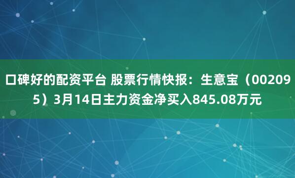 口碑好的配资平台 股票行情快报：生意宝（002095）3月14日主力资金净买入845.08万元